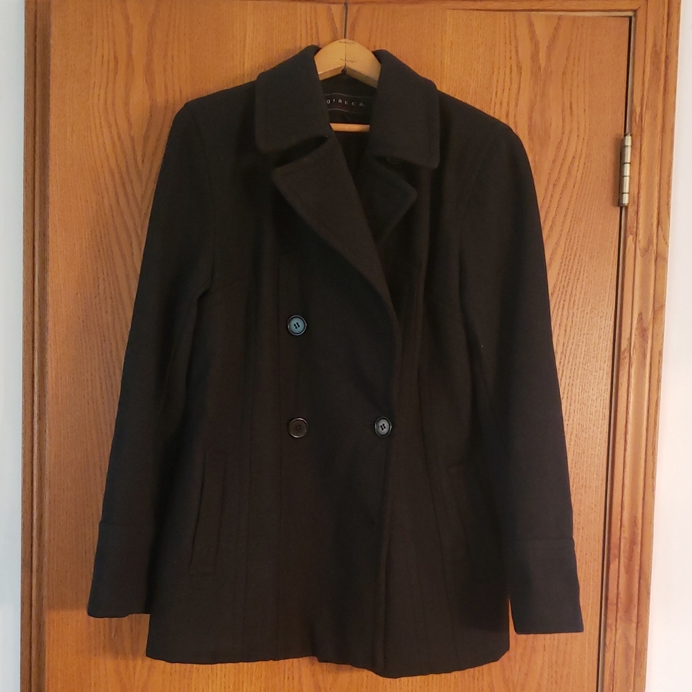 Giacca Black Wool Blend Winter Coat Jacket Sz L